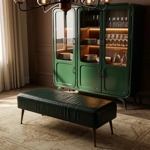 Grünes Retro-Buffet mit beleuchteten Glastüren und Geschirr, davor eine dunkelgrüne Lederbank auf dem beigen Teppich.