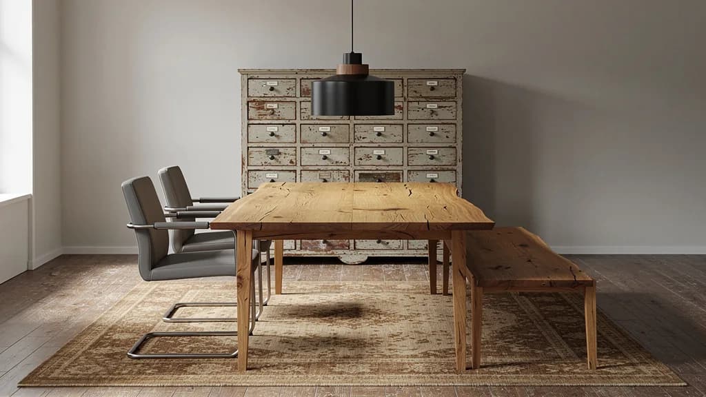 Vintage Esszimmer mit Wildeichentisch, grauen Schwingstühlen, einer Holzbank, einer Apothekerkommode und schwarzer Pendelleuchte über einem braun-beigen Teppich.
