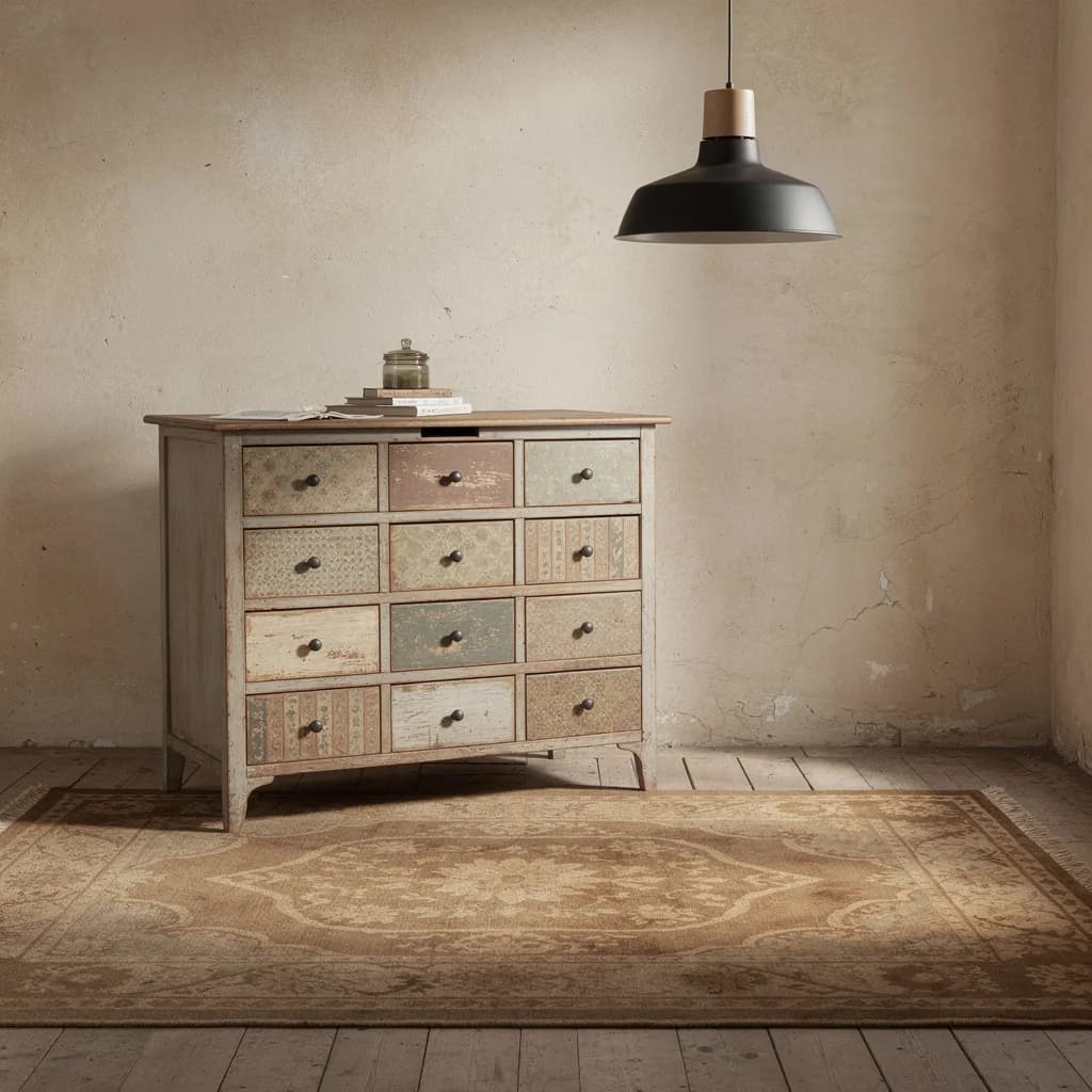 Shabby-Chic-Apothekerkommode mit vielen gemusterten Schubladen auf einem braun-beigen Wollteppich, darüber eine schwarze Pendelleuchte mit Holzkappe.