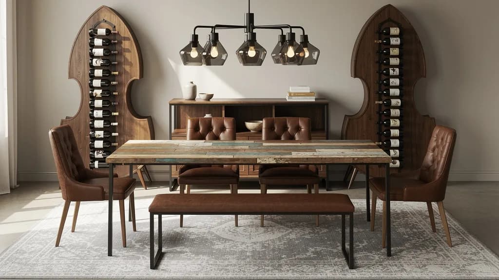 Vintage Esszimmer mit bunt lackiertem Altholztisch, braunen Polsterstühlen, Sitzbank, dunklem Sideboard und achtflammiger Pendelleuchte über der Tafel