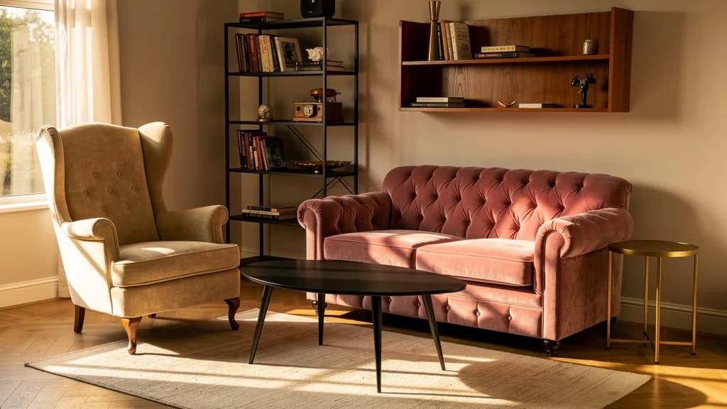 Vintage Wohnzimmer mit altrosa Chesterfield-Sofa, beigem Ohrensessel, schwarzem Nierentisch und Teak-Wandregal im Nachmittagslicht.