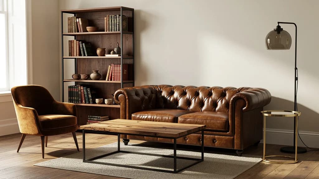 Vintage Wohnzimmer mit braunem Chesterfield-Ledersofa, Velourssessel, Eichentisch, goldenem Beistelltisch und Bücherregal.