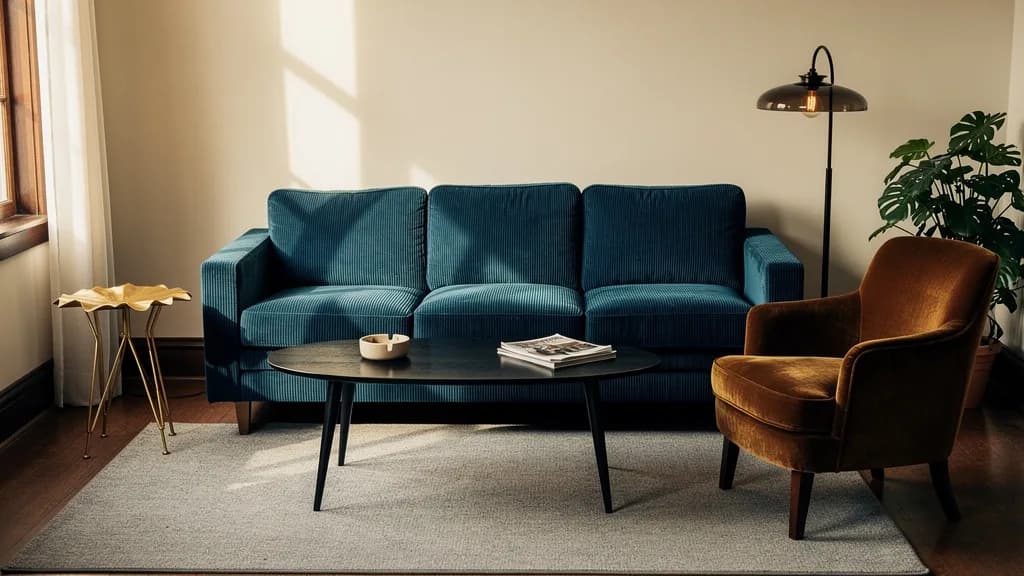 Vintage Wohnzimmer mit blauem Cord-Sofa, schwarzem Nierentisch, braunem Velourssessel und goldenem Beistelltisch auf hellgrauem Teppich.