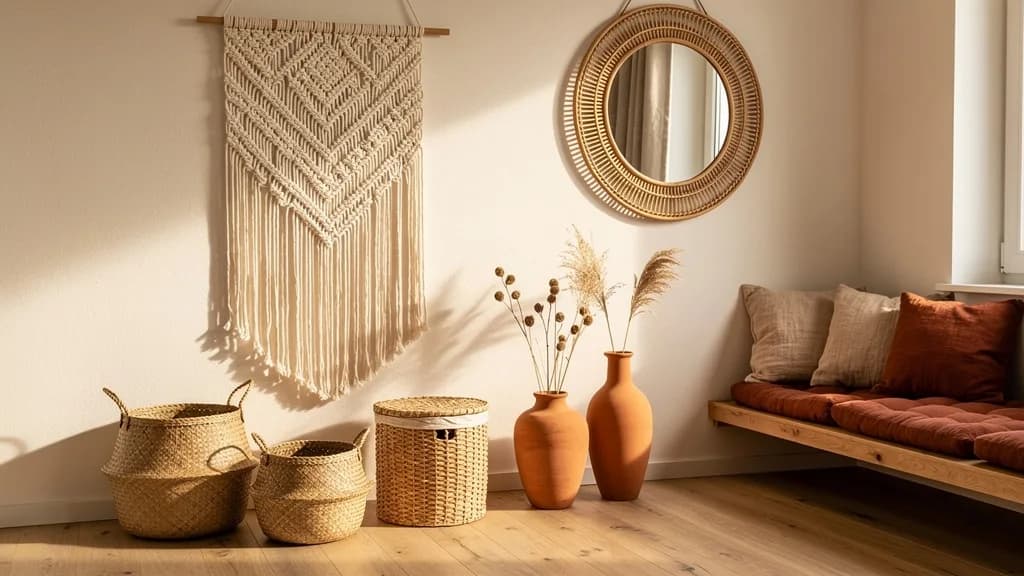 Boho-Wohnecke mit Makramee-Wandbehang, rundem Rattanspiegel, Seegras-Körben und Terrakotta-Vasen auf Eichendielen.