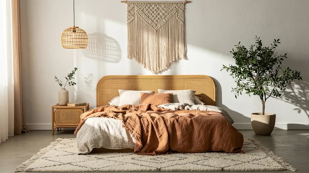 Modernes Boho-Schlafzimmer mit Rattan-Kopfteil, terracottafarbener Leinen-Bettwäsche, Makramee-Wandbehang und flauschigem Berber-Teppich vor weißer Wand.