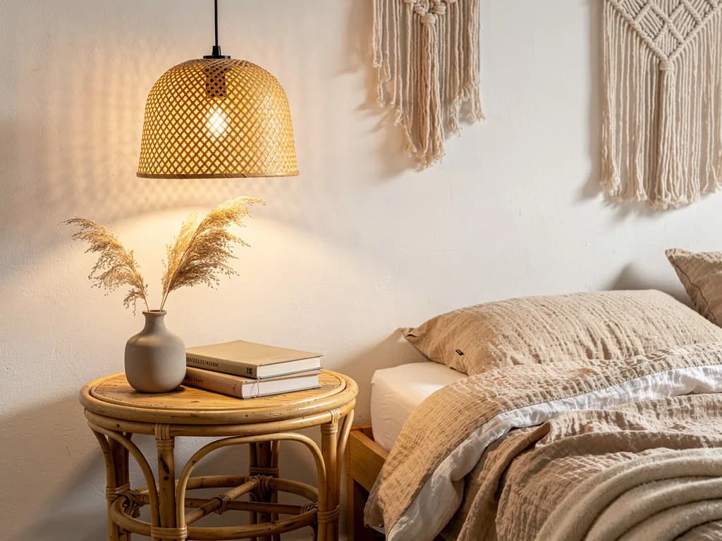 Runder Rattan-Nachttisch mit Keramikvase und Büchern unter einer Rattan-Hängeleuchte, daneben beige Leinenbettwäsche.