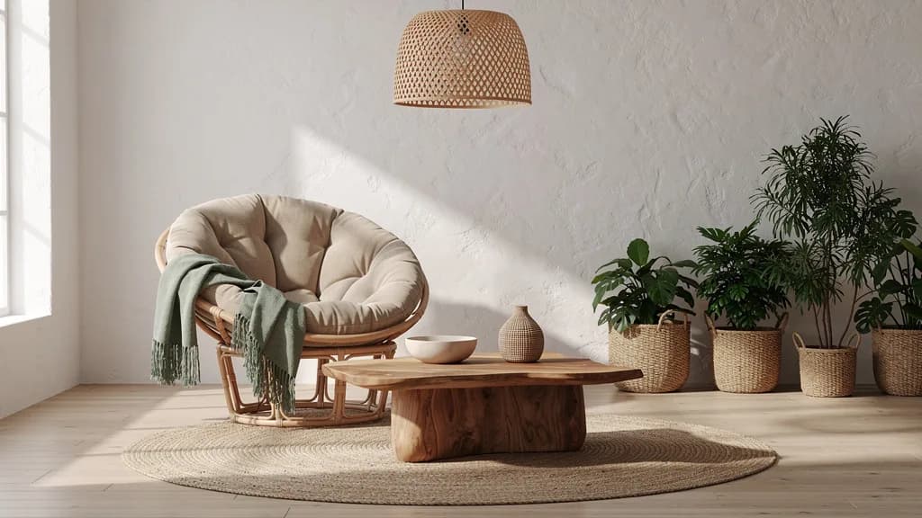 Modernes Boho-Wohnzimmer mit beigem Rattansessel, salbeigrünem Fransenüberwurf, organischem Mango-Couchtisch, rundem Juteteppich und Seegraskörben mit Grünpflanzen.