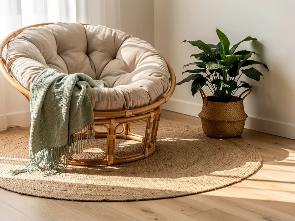 Beiger Rattan-Papasansessel mit salbeigrünem Fransenplaid auf einem runden Juteteppich, daneben ein Seegraskorb mit grüner Zimmerpflanze.