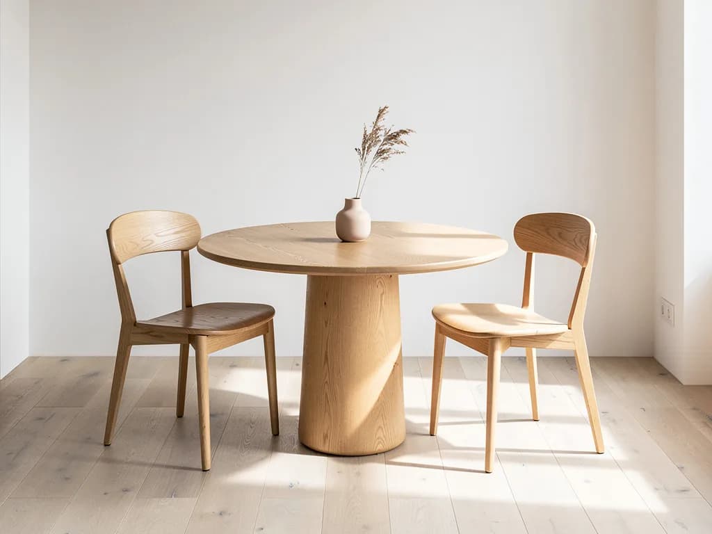 Runder Eiche-Esstisch auf einem Säulensockel mit zwei Holzstühlen und einer Vase in hellem Raum
