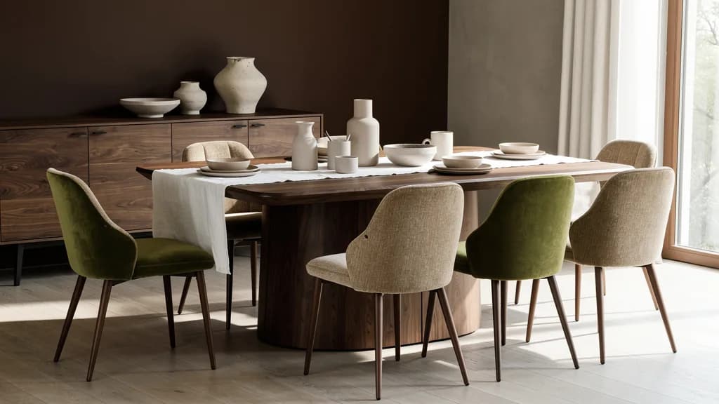 Modernes Esszimmer 2026 mit dunklem Nussbaum-Esstisch auf skulpturalem Säulensockel, moosgrünen und beigen Polsterstühlen vor schokoladenbrauner Wand.