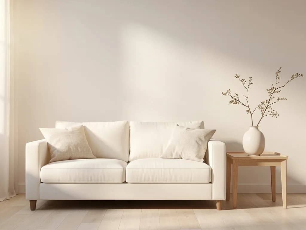 Cremeweißes Zweisitzer-Sofa mit beigen Leinenkissen vor warmweißer Wand, daneben ein heller Eichen-Beistelltisch mit Trockenzweigen.