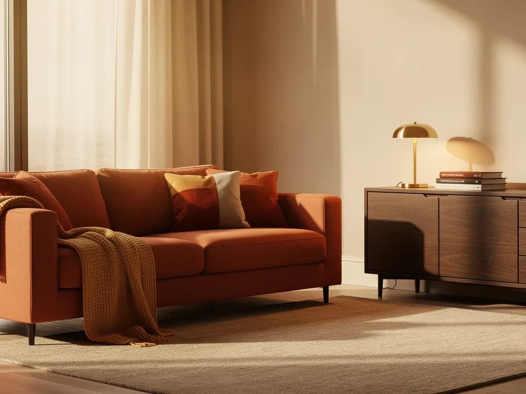Terracottafarbenes Sofa mit karamellfarbenem Strickplaid vor einem dunklen Nussbaum-Sideboard, dazu eine Messingleuchte für gemütliche Wärme.