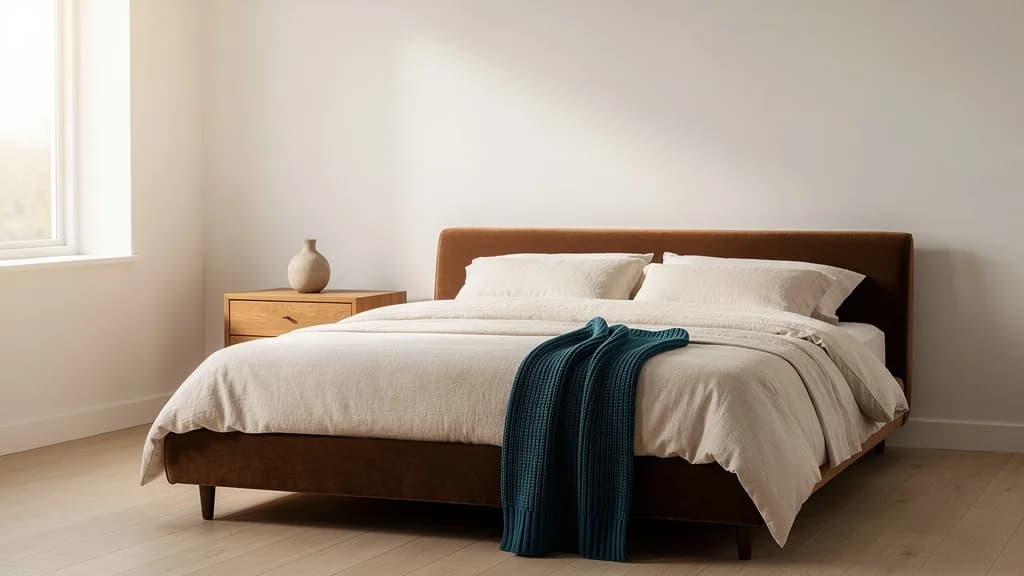 Schlafzimmer mit walnussbraunem Polsterbett, cremefarbener Bettwäsche und petrolblauer Strickdecke im Morgenlicht.