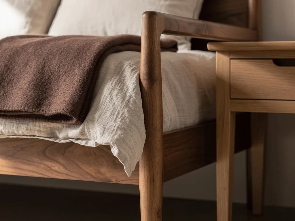 Detailaufnahme eines Bettrahmens aus Nussbaum mit Eichen-Nachttisch, Leinen und schokoladenbrauner Wolldecke.