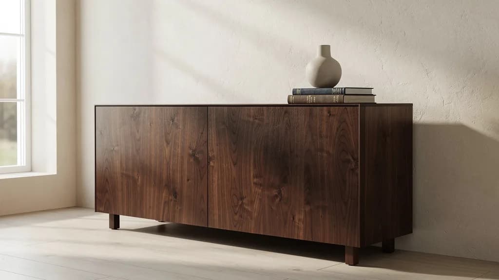 Dunkles Nussbaum-Sideboard mit offener Maserung vor warmweißer Putzwand, darauf Bücher und Keramikvase.