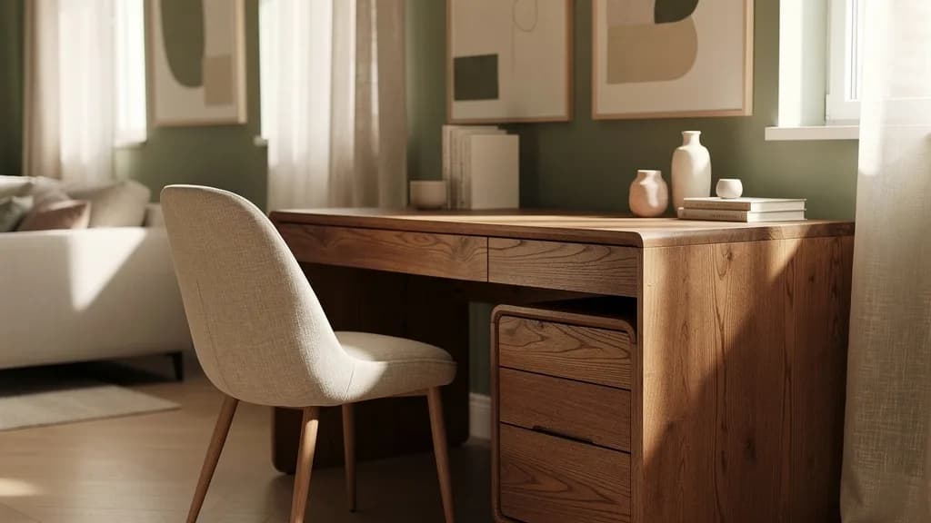 Warmer Eichen-Schreibtisch mit beigem Textilstuhl und Rollcontainer vor salbeigrüner Wand im Wohnzimmer