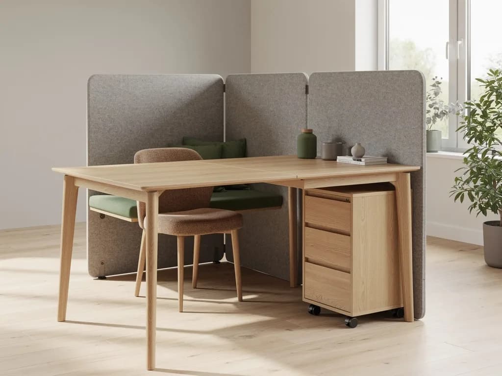 Ausziehbarer Eichentisch mit Rollcontainer und Filz-Raumteiler bildet eine flexible Arbeitszone im Wohnraum