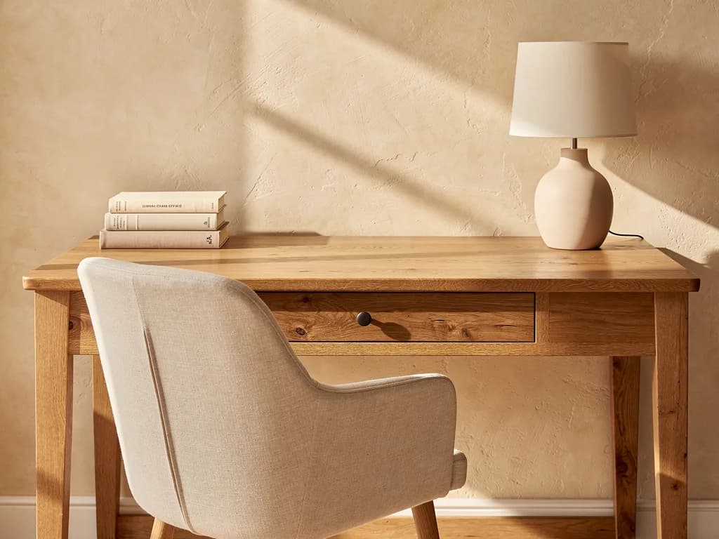 Massiver Eichen-Schreibtisch mit Schublade, beigem Textilstuhl und Keramiklampe vor warm verputzter Wand