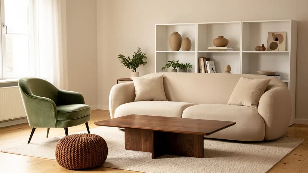 Helles Wohnzimmer mit beigem Rundsofa, dunklem Nussbaum-Couchtisch, weißem Modulregal, grünem Samtsessel und braunem Wollpouf.