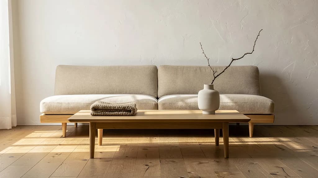 Niedriges beiges Leinen-Sofa mit hellem Holzgestell vor weißer Kalkputzwand, davor ein Eichen-Couchtisch mit Keramikvase, Wolldecke und kahlem Zweig.