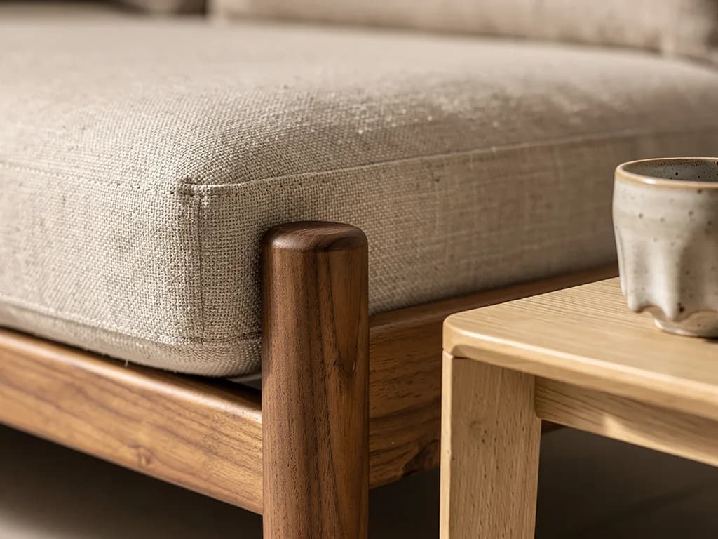 Detail eines Leinen-Sofas mit grober Webstruktur und warmem Nussbaum-Fuß, daneben eine handgetöpferte Keramiktasse auf einem hellen Eichentisch.