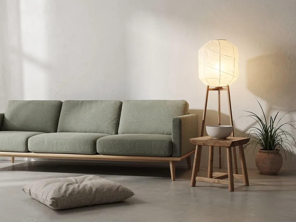 Niedriges Sofa in gedämpftem Salbeigrün mit hellen Eichenbeinen, daneben eine Papierlaternen-Stehleuchte, ein Eichenhocker mit Keramikschale und eine Topfpflanze.