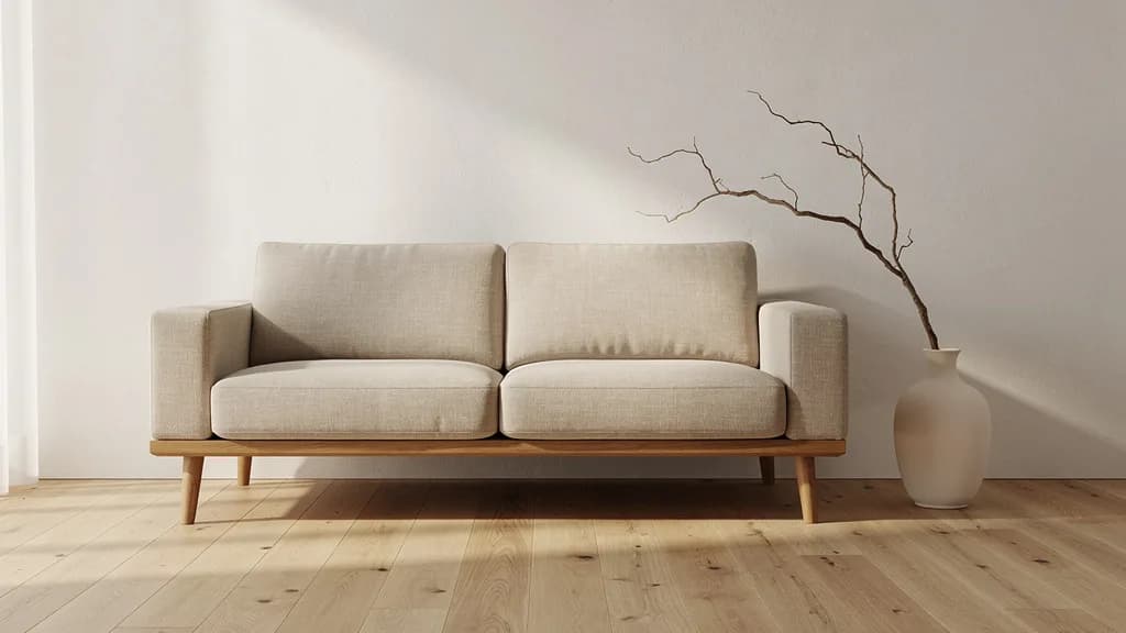 Niedriges Japandi-Sofa in sandfarbenem Leinen mit schlanken Eichenbeinen vor cremeweißer Wand, daneben ein Trockenzweig in einer Keramikvase.