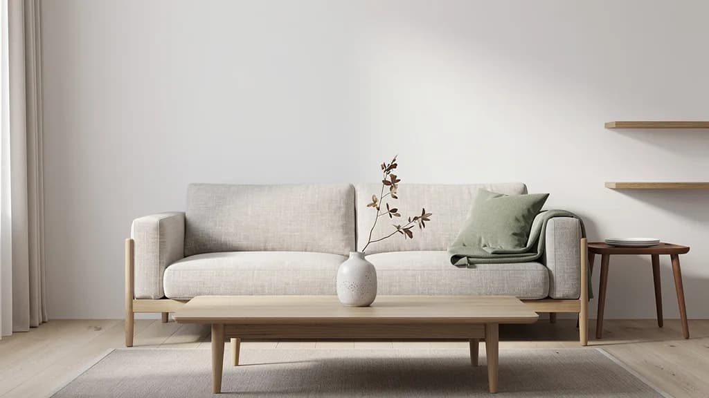 Helles Japandi-Wohnzimmer mit niedrigem Leinensofa, sichtbaren Eichenbeinen, salbeigrünem Kissen und Keramikvase mit Trockenzweig.