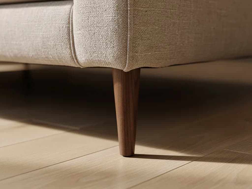 Nahaufnahme einer Japandi-Sofaecke: grober Leinenbezug trifft auf ein konisches Bein aus massivem Nussbaumholz auf hellem Eichenboden.