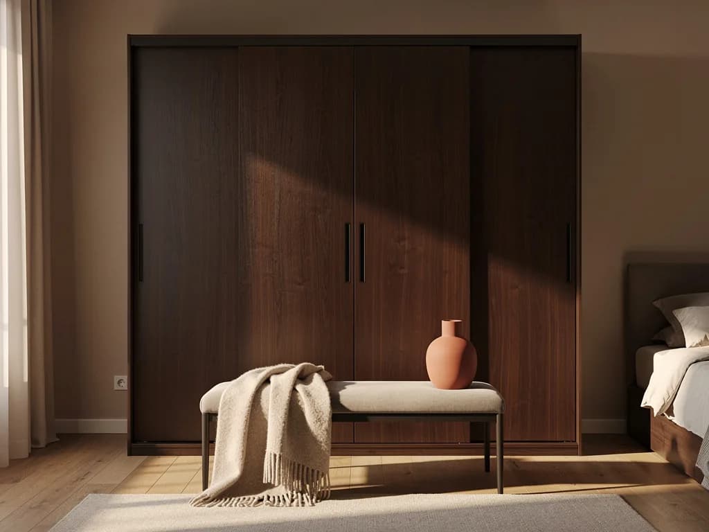 Dunkler Nussbaum-Schwebetürenschrank mit Polsterbank, beiger Wolldecke und Terrakotta-Vase im warmen Abendlicht