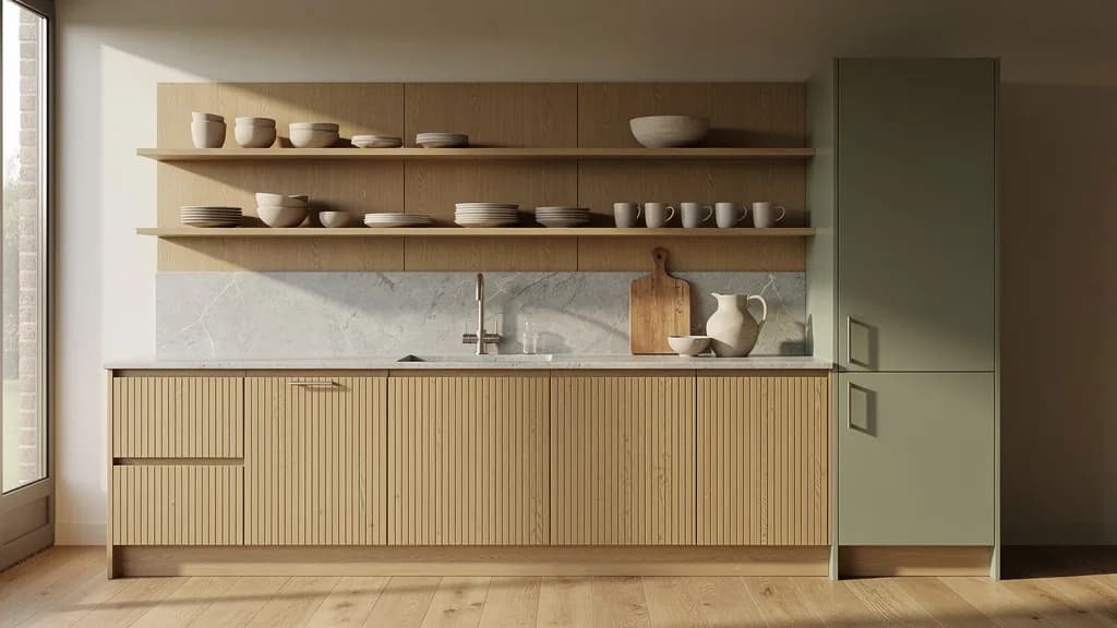 Helle Küche mit matten Eichenfronten in Rillenoptik, einem salbeigrünen Hochschrank und offenen Holzregalen mit heller Keramik vor einer Marmorrückwand.