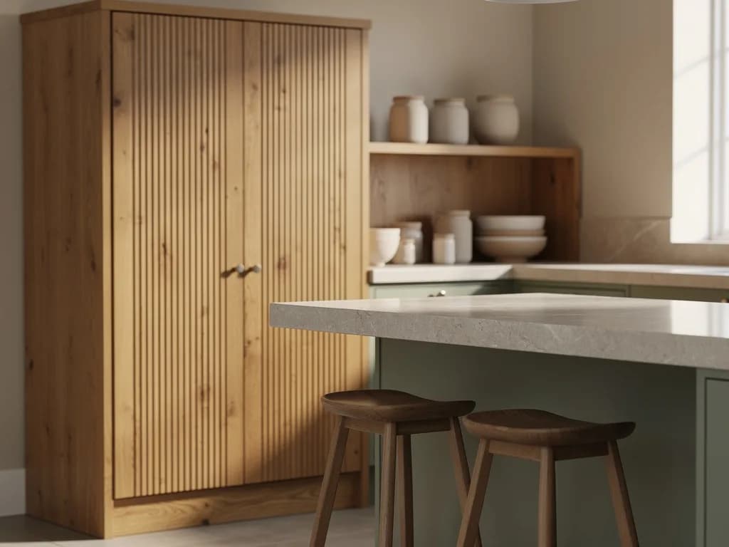 Freistehender Eichen-Hochschrank mit Rillenfront neben einer salbeigrünen Kücheninsel mit zwei Holzhockern und Steinarbeitsplatte.
