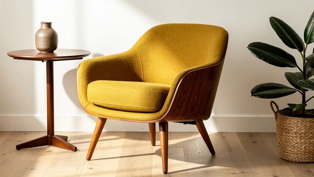 Mid-Century-Sessel mit Teak-Schalenrücken, senfgelbem Wollpolster und konisch zulaufenden Holzbeinen neben einem Nussbaum-Beistelltisch.