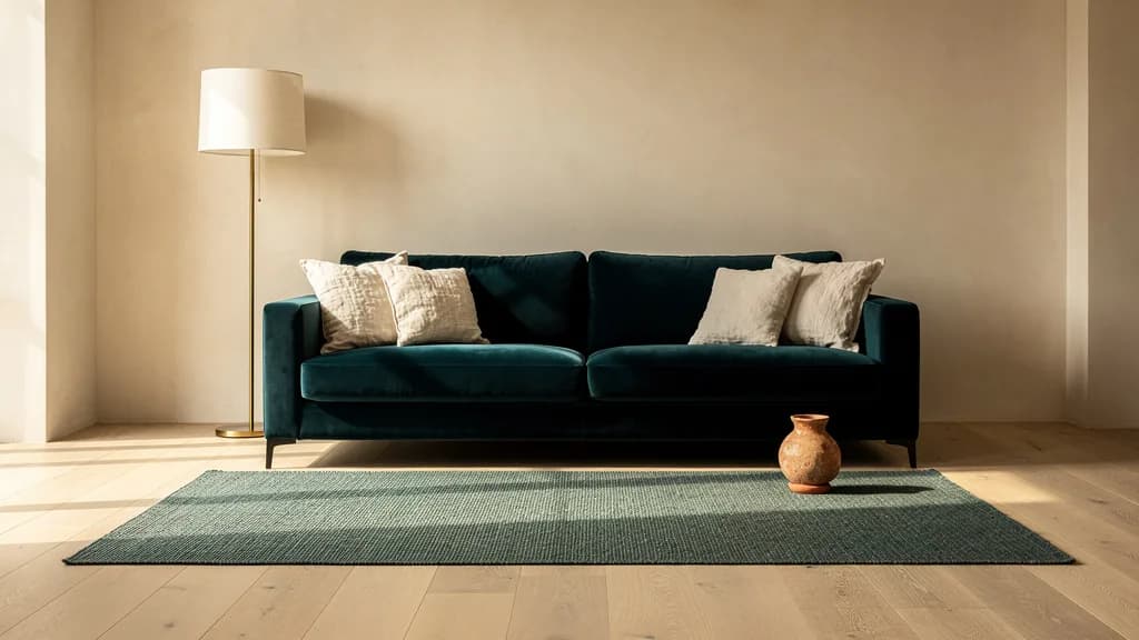 Tiefes petrolfarbenes Samtsofa vor cremefarbener Wand auf hellem Eichenboden, mit petrolfarbenem Flachgewebe-Teppich und Terrakotta-Vase.