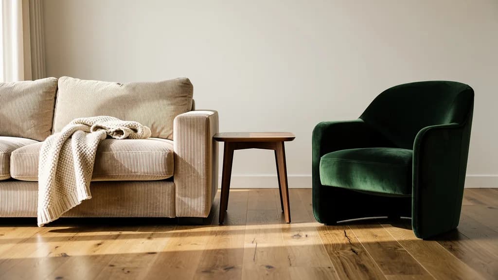 Beiges Kord-Sofa mit heller Wolldecke neben einem dunkelgrünen Samtsessel und einem Nussbaum-Beistelltisch auf Eichenboden.