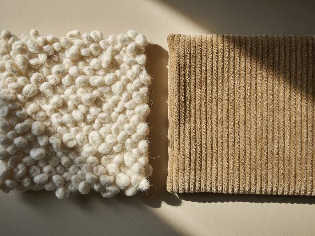 Materialvergleich zweier Bezugsstoffe: cremeweißes Bouclé mit Schlingen links, beiger Breitcord mit klaren Rippen rechts.