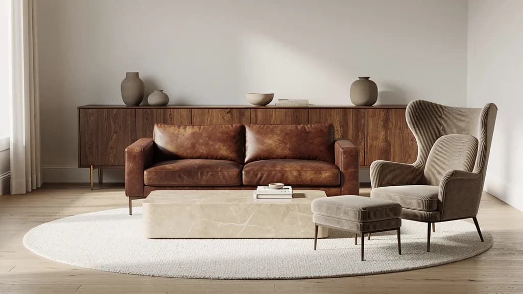 Quiet-Luxury-Wohnzimmer mit braunem Ledersofa, Nussbaum-Sideboard, beigem Marmortisch und Cord-Ohrensessel auf elfenbeinfarbenem Wollteppich.