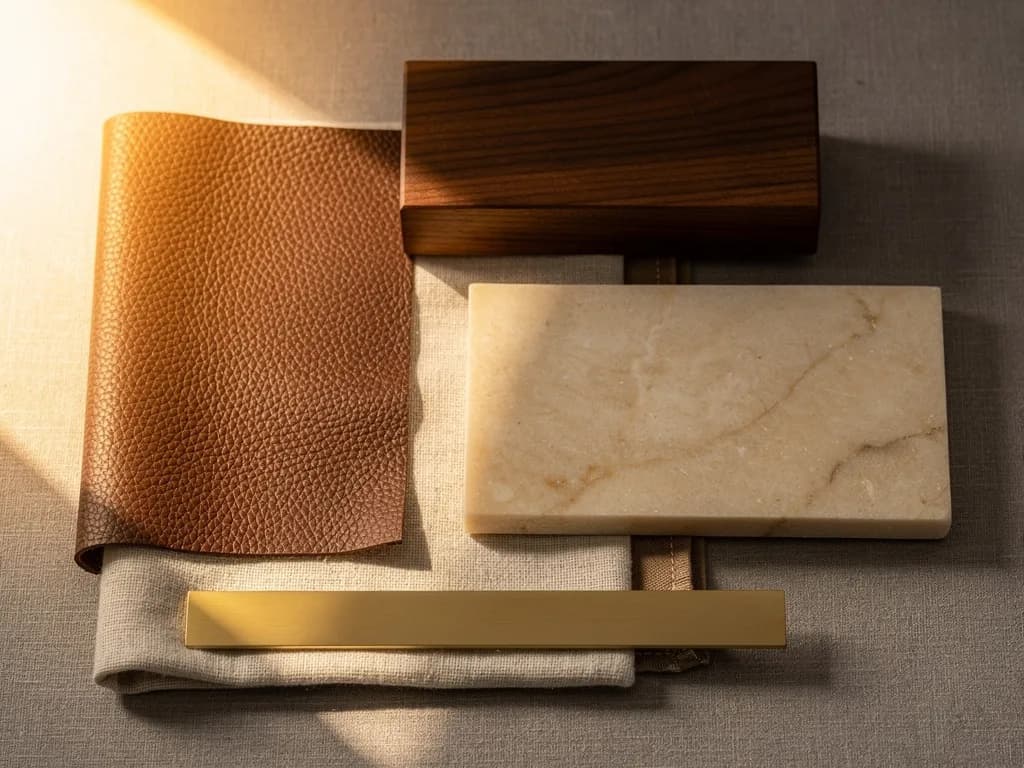 Materialcollage für Quiet Luxury: braunes Vollnarbenleder, dunkles Nussbaumholz, beiger Marmor, gebürstetes Messing und Leinen.