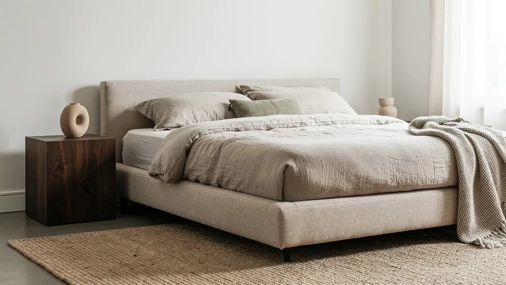 Ruhiges Schlafzimmer im Quiet-Luxury-Stil: beiges Leinen-Polsterbett, dunkler Nussbaum-Nachttisch und ein grober Naturteppich vor weißer Wand.