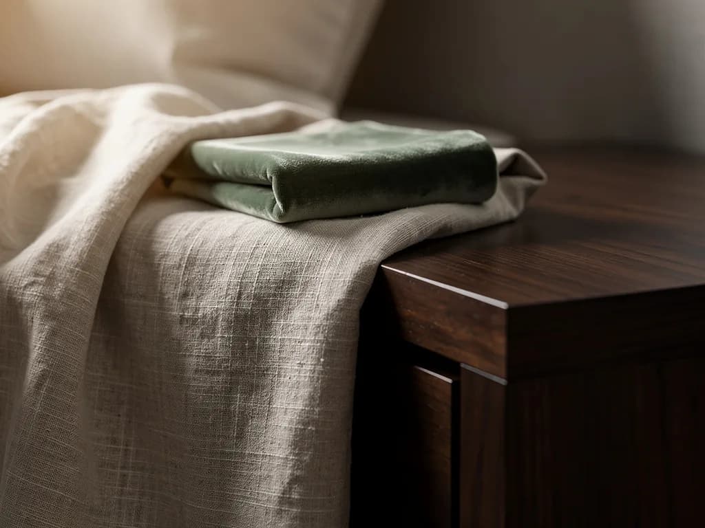 Materialdetail im Quiet-Luxury-Stil: grobes Naturleinen, gefalteter Samt in gedämpftem Salbeigrün auf einer dunklen Nussbaum-Oberfläche.