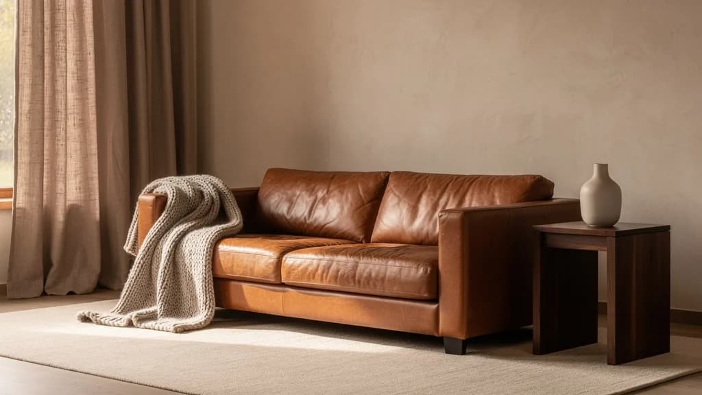 Cognacfarbenes Ledersofa mit grobem Wollplaid, dunklem Nussbaum-Beistelltisch und Keramikvase vor warmer Putzwand.