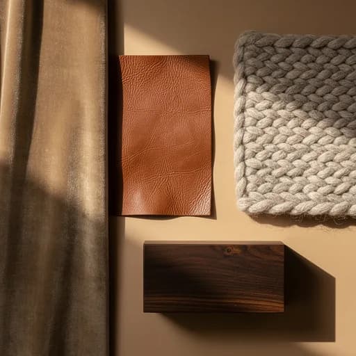 Materialstudie mit cognacfarbenem Leder, grobem Wollstrick, dunklem Nussbaumholz und mattem Samt im warmen Tageslicht.
