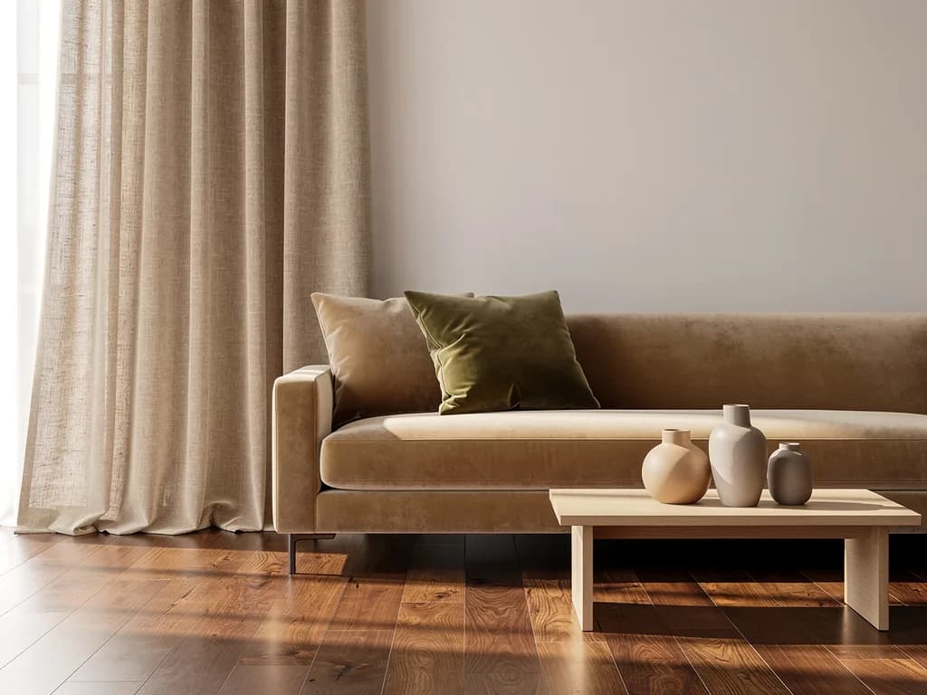 Niedriges sandfarbenes Samtsofa mit olivgrünem Kissen, matten Keramikvasen und Nussbaum-Dielenboden im Naturlicht.