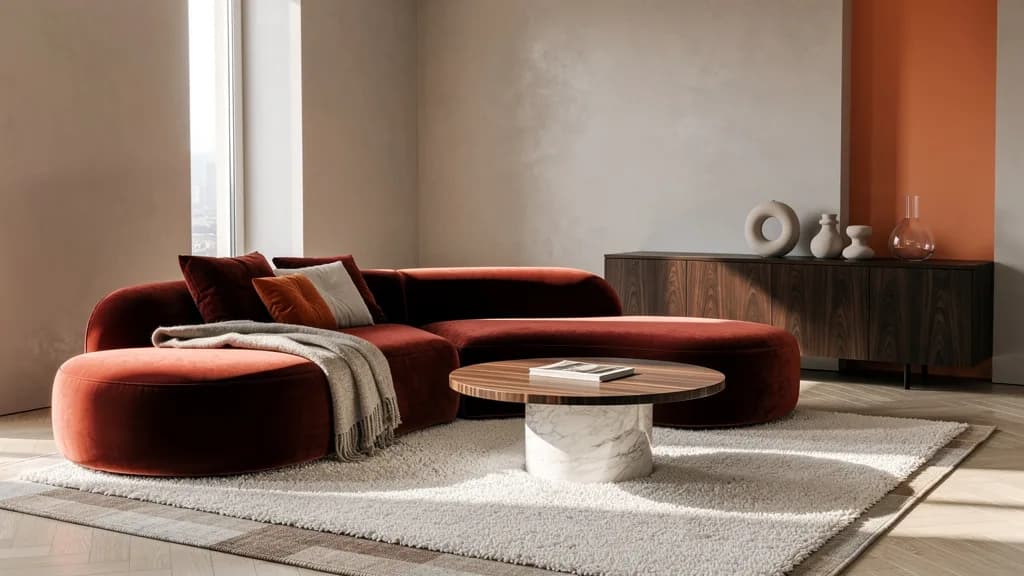 Geschwungenes Sofa in Terracotta-Samt mit rundem Marmor-Nussbaum-Couchtisch und dunklem Nussbaum-Sideboard in einem warmen Wohnzimmer.
