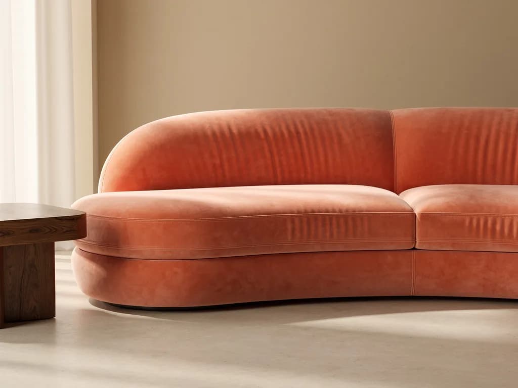 Detail eines gerundeten Sofas in korallenfarbenem Samt mit sichtbaren Steppnähten neben einem Nussbaum-Beistelltisch.