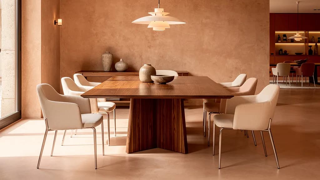 Massiver Nussbaum-Esstisch mit skulpturalem Holzsockel in einem warm getönten Esszimmer mit hellen Polsterstühlen.