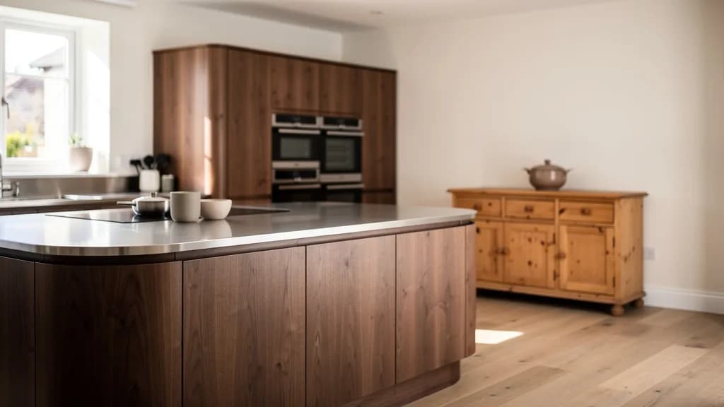 Moderne Küche mit warmer Nussbaum-Front, gerundeter Kücheninsel mit Edelstahl-Arbeitsplatte und freistehendem Kiefernholz-Buffet im Tageslicht.
