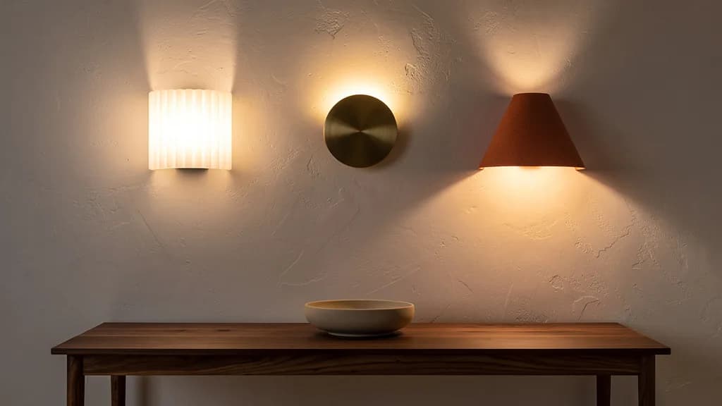 Drei skulpturale Wandleuchten aus geriffeltem Opalglas, gebürstetem Messing und Terrakotta über einer Nussbaum-Konsole.