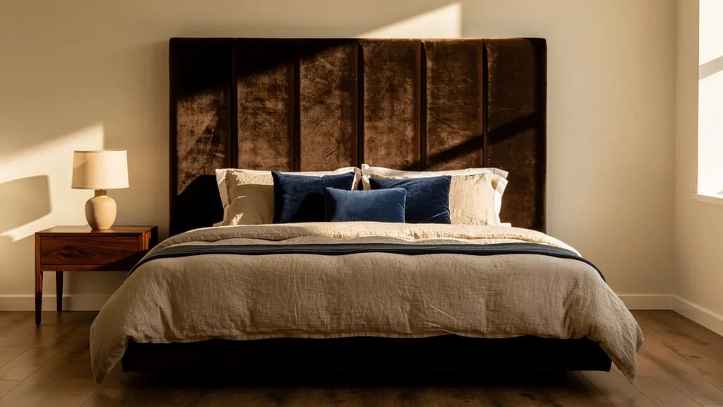 Modernes Schlafzimmer 2026 mit schokoladenbraunem Samt-Kopfteil, Nussbaum-Nachttisch, indigoblauen Kissen und Leinen-Bettwäsche.