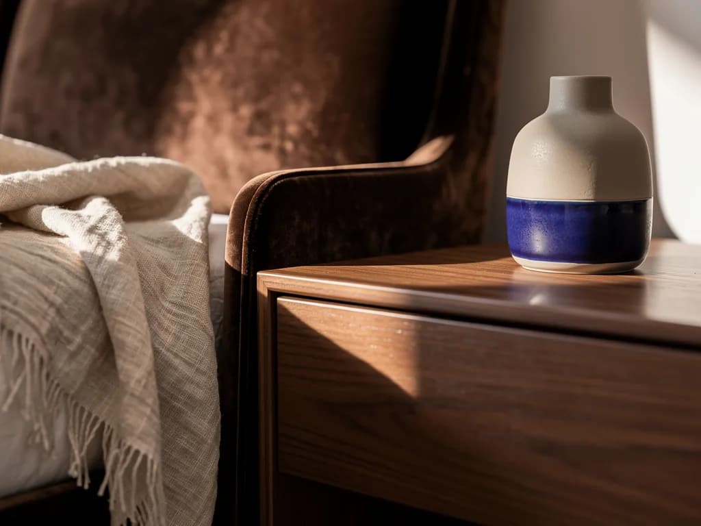 Detailaufnahme eines Nussbaum-Nachttischs mit Leinenplaid vor braunem Samt-Kopfteil und einer creme-blauen Keramikvase.